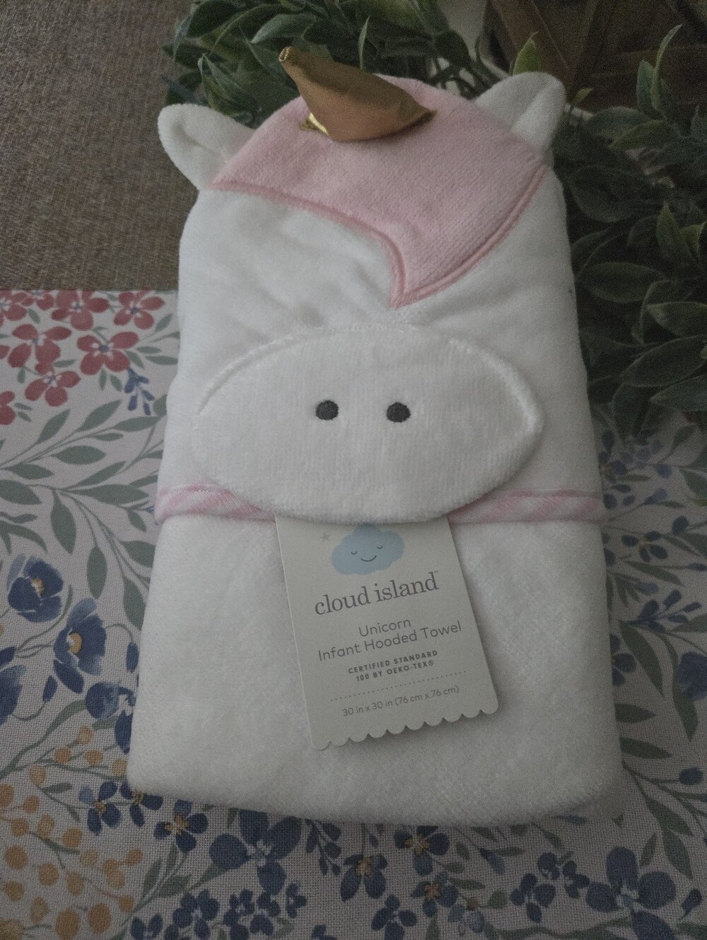 cloud island White and Pink Unicorn Infant Hooded Towel with Gold Horn
